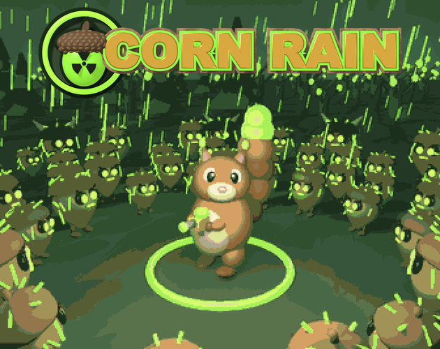 Acorn Rain: a squirrel stands in a glowing ring, surrounded by a swarm of living acorns.